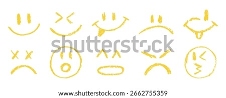 Set of emoji crayon faces. Different faces with emotions and crayon pencil texture