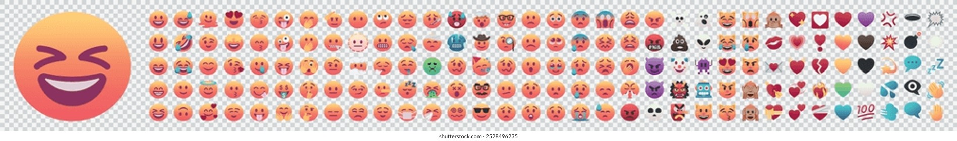 Set of emoji, emoticon, emotion faces in trendy colors. On transparent background.