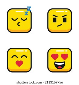 Set of emoji. Set of emoticons on a light yellow tone, flat illustration. Square emoticons. Square emoji. Expressions in a square. Emoticon icon. Different emotions collection. Emoticon isolated.