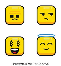 Set of emoji. Set of emoticons on a light yellow tone, flat illustration. Square emoticons. Square emoji. Expressions in a square. Emoticon icon. Different emotions collection. Sad emoji.