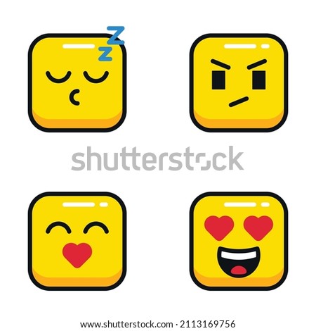 Set of emoji. Set of emoticons on a light yellow tone, flat illustration. Square emoticons. Square emoji. Expressions in a square. Emoticon icon. Different emotions collection. Emoticon isolated.