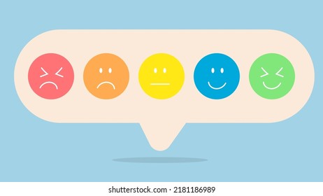 Conjunto de emoticonos emojis en burbuja de habla con ánimo triste y feliz, evaluación, aumento de calificación, experiencia del cliente, satisfacción y mejor concepto de calificación de servicios. Vector.