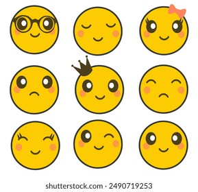 Set of emoji, emoticons, vector illustration. Isolated on white background. Characters with different reactions on their faces.