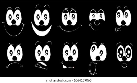A set of emoji, a set of emotions of funny faces with big eyes with different emotions: joy, sadness, fear, surprise, smile, cry, doubt drawn by white chalk on a black background. Vector illustration