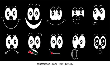 A set of emoji, a set of emotions of funny faces with different emotions, joy, sadness, fear, surprise, smile, cry, doubt drawn in white on a black background. Vector illustration
