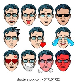 Set Emoji emotions men pop art retro style. Set Emoji emotions men. Joy love grief jokes smile the wrath of disease and other persons in the retro collection