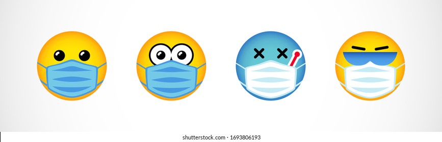 Set of emoji faces in medical masks. Smiling yellow characters. Isolated abstract graphic design template. Greeting card concept. Cute emoticons for Stay Home banner. World Smile Day 2020 congrats.