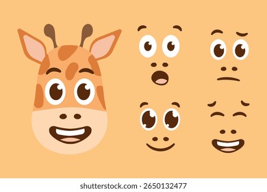 Set of Emoji Giraffe. Muzzles Constructor of emotions with different eyes and mouth shapes elements. Head Cute animal expressions. Children Character of zoo, pet store. Flat style. Vector illustration