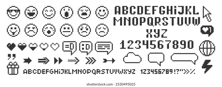 Satz von Emoji, Globus, Spektakulärblasen, Pfeilen und Alphabet. Vektorgrafik mit Pixelgrafik.