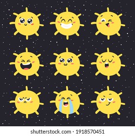 Set of Emoji Hand Drawn Childish Illustration Sun in Cosmos. Vector Drawing Star in Space. Cartoon Solar System object Emoticon