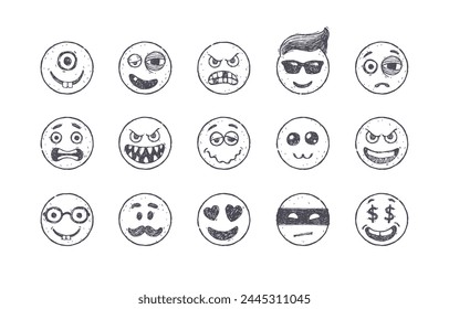 Set of Emoji. Hand drawn set of Emoticons. Smile icons. Vector illustration.