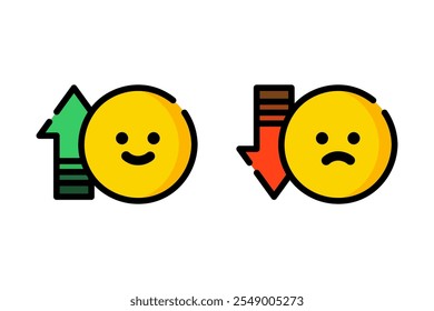 Conjunto de icono de emoji en buen sentimiento y mal sentimiento. Salud, salud mental, ansiedad, estrés, concepto de burnout. Ilustración aislada de diseño de carácter de contorno coloreado.