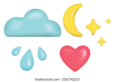 Set emoji icon, gray cloud, yellow stars and moon, pink heart, blue water drops. Realistic glossy 3d emotions. Vector illustration