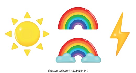 Set emoji icon, yellow sun and lightning, colorful rainbow. Realistic glossy 3d emotions. Vector illustration