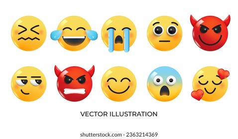 Set of Emoji icons. Realistic Yellow Glossy 3d Emoticons face on various topics. Pack 2. Vector 3d illustration