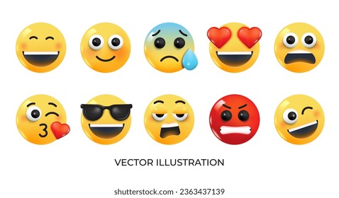 Set of Emoji icons. Realistic Yellow Glossy 3d Emoticons face on various topics. Pack 1.  Vector 3d illustration