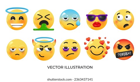 Set of Emoji icons. Realistic Yellow Glossy 3d Emoticons face on various topics. Pack 7.  Vector 3d illustration