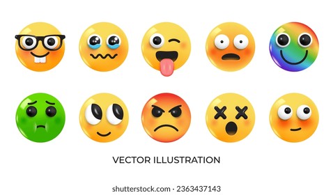 Set of Emoji icons. Realistic Yellow Glossy 3d Emoticons face on various topics. Pack 5.  Vector 3d illustration