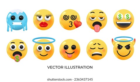 Set of Emoji icons. Realistic Yellow Glossy 3d Emoticons face on various topics. Pack 4.  Vector 3d illustration