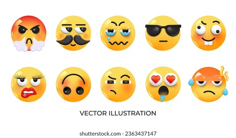 Set of Emoji icons. Realistic Yellow Glossy 3d Emoticons face on various topics. Pack 9.  Vector 3d illustration