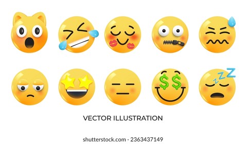 Set of Emoji icons. Realistic Yellow Glossy 3d Emoticons face on various topics. Pack 6.  Vector 3d illustration