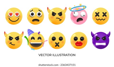 Set of Emoji icons. Realistic Yellow Glossy 3d Emoticons face on various topics. Pack 8.  Vector 3d illustration