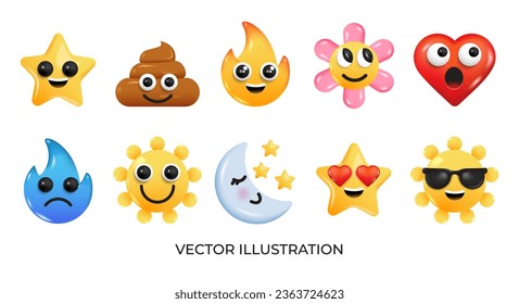 Set of Emoji icons. Realistic Yellow Glossy 3d Emoticons face on various topics. Pack 10.  Vector 3d illustration