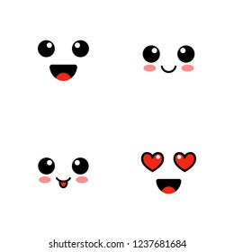 Set of emoji. Kawai cute faces. Funny emoticons. Flat icons. Vector illustration.