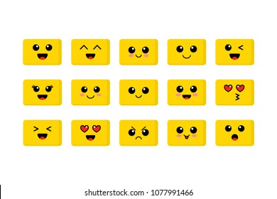 Set of emoji. Kawai yellow faces. Cute emoticons. Flat smileys. Vector illustration isolated on white background.