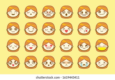 Set of emoji kawaii face blonde girl, Little cute head cartoon flat vector.