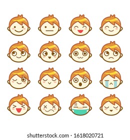 Set of emoji kawaii face kid, Little boy head cartoon flat vector.