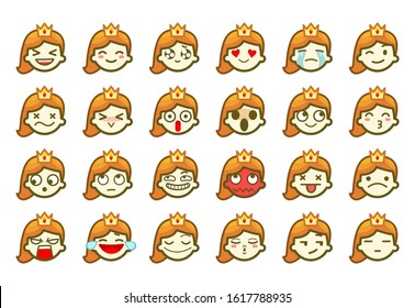 Set of emoji kawaii face princess girl, head cartoon flat vector