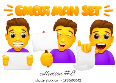 Set of emoji man characters with paper placards template. Cartoon style emoticon collection. Vector illustration