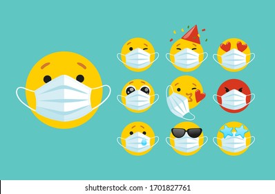 Set of emoji with a medical mask on the face. Different round yellow emoticons protect against the spread of coronavirus. Set of emojis for social networks, self-isolation. Flat vector illustration