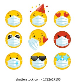 Set of emoji with a medical mask on the face. Different round yellow emoticons protect against the spread of coronavirus. Set of emojis for social networks, self-isolation. Flat vector illustration