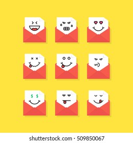 set of emoji messages in letters. concept of sad, satisfy, new sms, chat, hate, foodie, bored, yum-yum, postage, anger, dead. flat style trend modern logotype graphic design on yellow background