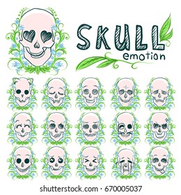 Set of emoji. Painted skull. This skull will convey any emotions.Sweet and brutal at the same time. Beautiful flowers and leaves.