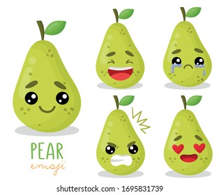 Set of emoji pear with different emotions, smile, laugh, anger, cry, love. An isolated vector illustration with a shadow under each character.