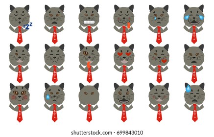 Set of emoji, positive emoji. Eyes with hearts, happy, Face with tears of joy, happiness and stupidity, winks, smile icon. Negative emojis. British cat.