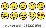set of emoji in round shapes. different emotions for social media or banners. angry and happy faces in grunge style drawn by hand
