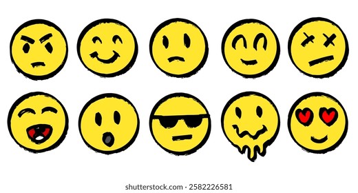 set of emoji in round shapes. different emotions for social media or banners. angry and happy faces in grunge style drawn by hand