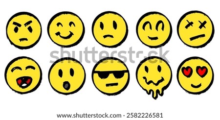 set of emoji in round shapes. different emotions for social media or banners. angry and happy faces in grunge style drawn by hand