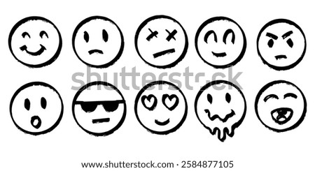 set of emoji in round shapes. different emotions for social media or banners. angry and happy faces in grunge style drawn by hand