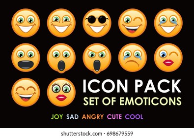 Set of Emoji. Smile icon pack. Emoticons isolated on black background