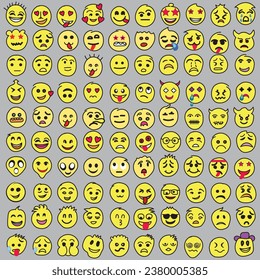 Set of Emoji. Smile icons, Funny cartoon emoji and emotions icon collection. Mood and facial emotion icons. Crying, smile, laughing, joyful, sad, angry and happy faces, emoticons vector set.
