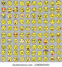 Set of Emoji. Smile icons, Funny cartoon emoji and emotions icon collection. Mood and facial emotion icons. Crying, smile, laughing, joyful, sad, angry and happy faces, emoticons vector set.