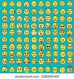 Set of Emoji. Smile icons, Funny cartoon emoji and emotions icon collection. Mood and facial emotion icons. Crying, smile, laughing, joyful, sad, angry and happy faces, emoticons vector set.