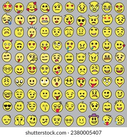 Set of Emoji. Smile icons, Funny cartoon emoji and emotions icon collection. Mood and facial emotion icons. Crying, smile, laughing, joyful, sad, angry and happy faces, emoticons vector set.