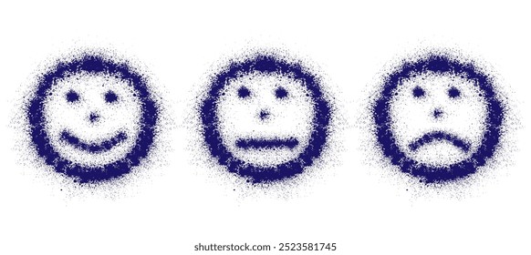 Conjunto de emoji, caras sonrientes y tristes, pintura grunge en spray azul. Ilustración vectorial