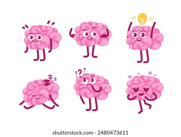 Set of emoji stickers with character brain, puzzled, strong, inspired, smiling, in love, sleeping in cute cartoon style.